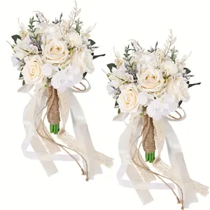 2 faux rose wedding bouquets in Bohemian country style with polyester bridal and bridesmaid floral arrangements for ceremony and anniversary decorations, no power, wedding decorations Artificial Mixed Flower Artificial Flowers