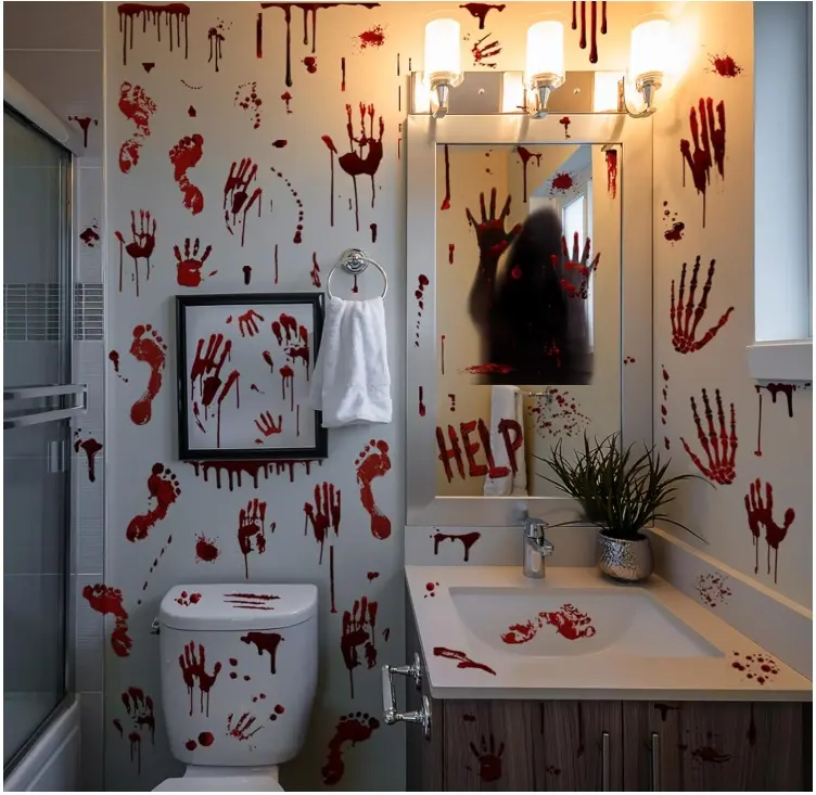 Halloween Bloody Handprint Footprint Window Stickers Wall Stickers for Halloween Party Decorations Inside Outside Decor Come with Plastic Scraper Tools