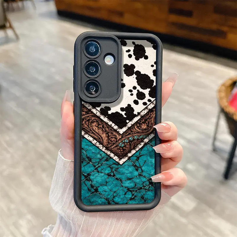 Cowhide Western Southwestern Turquoise Tribal ChicStylish Stepped Groove Phone Case, Shockproof Protective Slim Cover, for Samsung Galaxy S26 S25 S24 S23 S22 S21 Fe Plus Ultra A13 A14 A15 A16 A17 A33 A34 A35 A36 A52 A53 A54 Note20