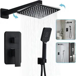 8 Inch Shower System with Tub Spout, Black Shower Faucet Set for Bathroom, Square High  Shower , 2-Setting Handheld Faucets Sets, Wall Mounted Rainfall Shower Valve Kit