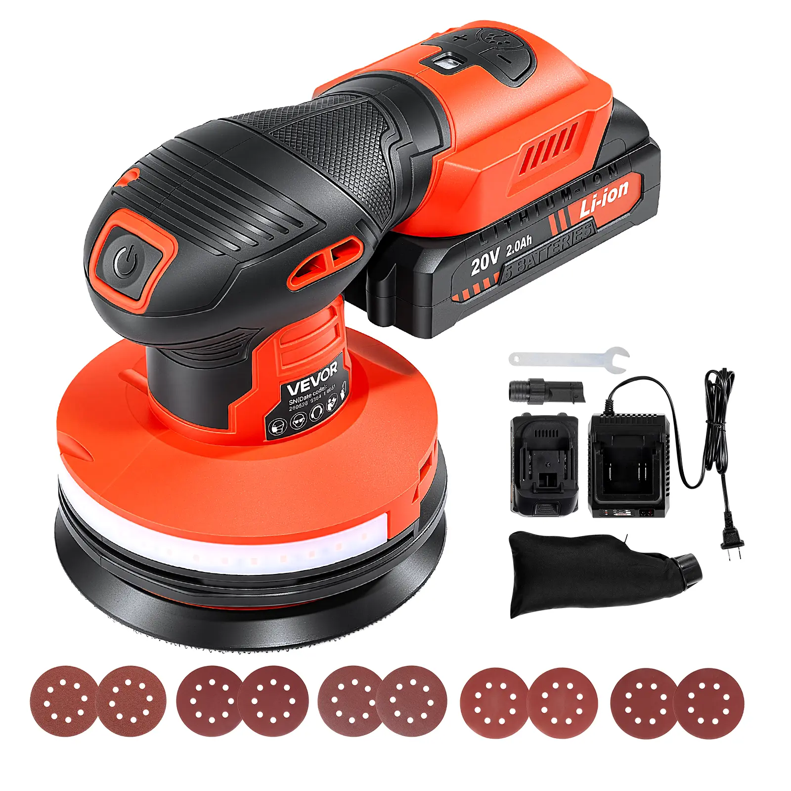 VEVOR 5-Inch Cordless Random Orbital Sander 300W Brushless Orbital Sander, 4000-10000RPM 7 Speeds Electric Palm Sanders with 10PCS Sandpapers & Dust Collection Bag for Woodworking Detailing Sanding