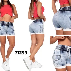 W71-299 Colombian Push-Up Rhinestone Denim Cargo Shorts