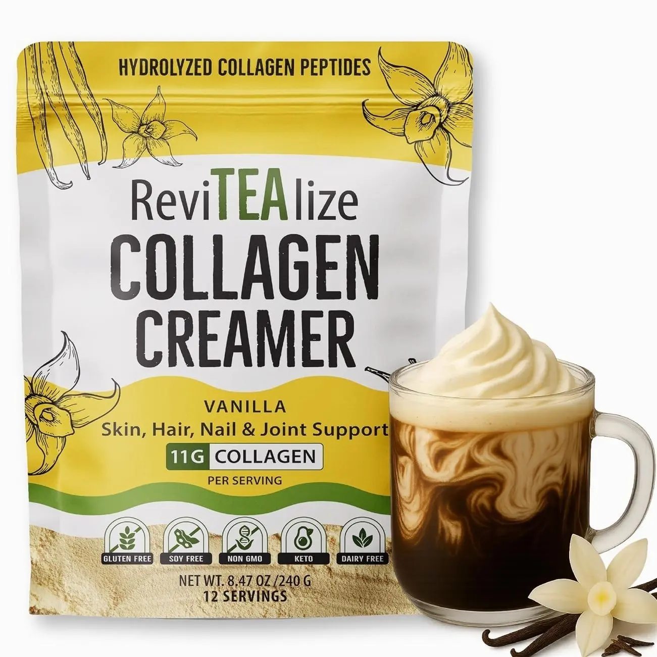 ReviTEAlize Collagen Creamer for Coffee - Grass Fed Collagen Peptides Powder with MCT Oil for Hair, Skin, Nails & Joint Support | Gluten Free, Dairy Free, Sugar Free & Keto Friendly | 11g of Protein Per Serving | Vanilla
