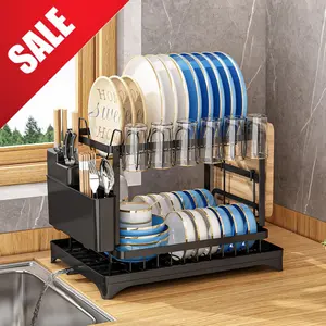 Durable 2-Layer Metal Tableware Drying Rack with Drain Board Wine Cup & Tool Holder for Kitchen Countertop Organiser