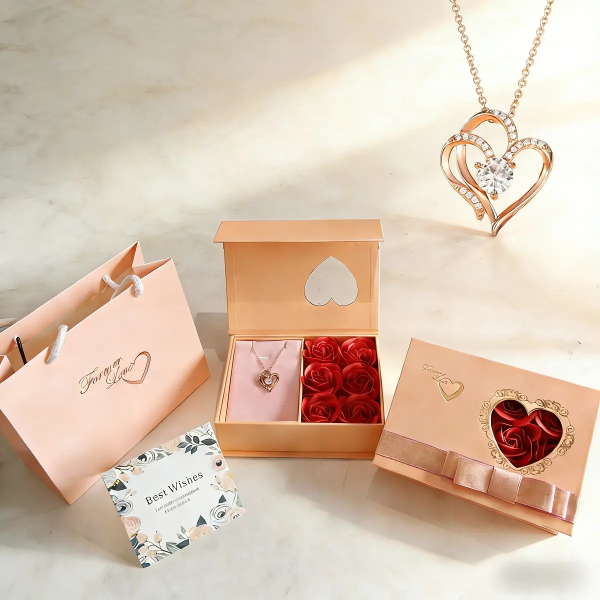 Women's Rose Gold Adjustable Double Heart Locket Matching Set Box Necklace, Ideal for Mother's Day & Birthday Gifting, Rose Heart Costume Jewelry Accessory, Heart Locket Necklaces, Matching Set Necklaces