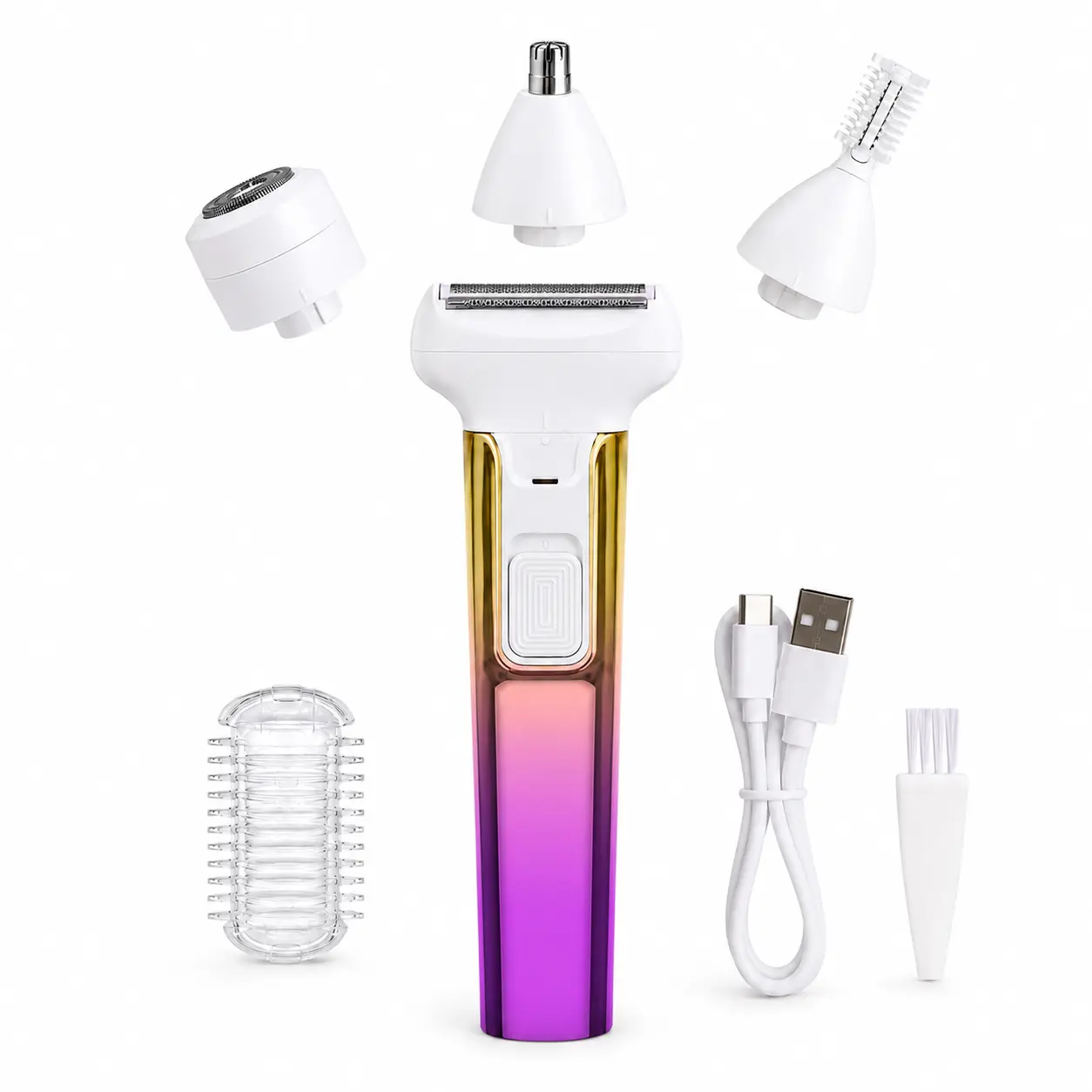 4-in-1 Rechargeable Women's Electric Shaver and Trimmer Kit with Interchangeable Heads for Body, Face, Nose and Eyebrows, Digital Display, USB-C Charging