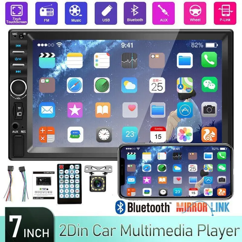 7 inch Car Stereo Double Din Radio Touchscreen with Backup Camera, Car Stereo HD Touch Screen Car Radio, Bluetooth Hands-Free Calling, FM TF AUX USB