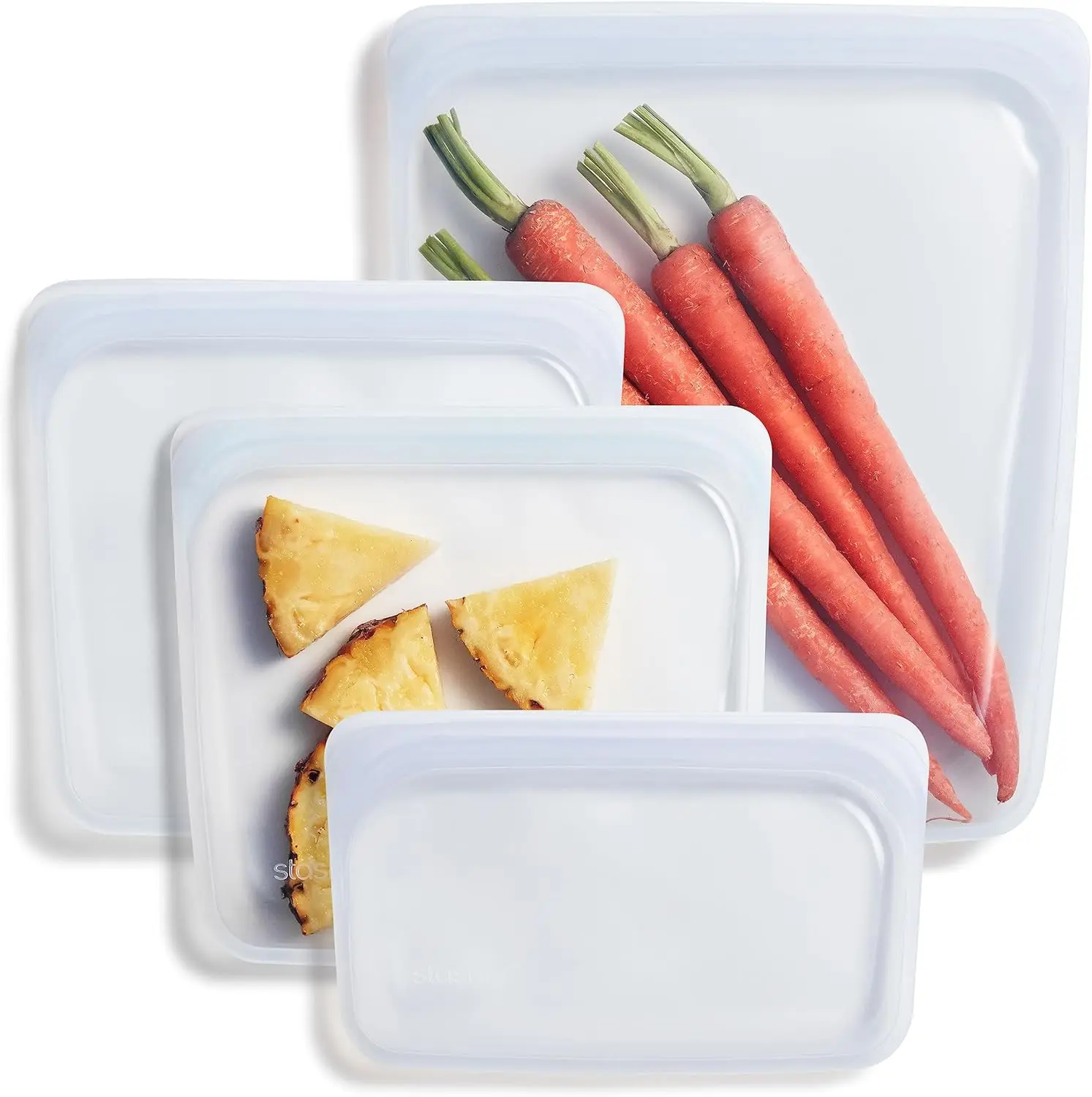 STASHER Premium Silicone Reusable Food Storage Bag Set - 4-Pack Transparent Kitchen Preserving Containers, BPA-Free, Leak-Proof, Dishwasher-Safe, Eco-Friendly, Freshness-Locking for Lunch, Travel