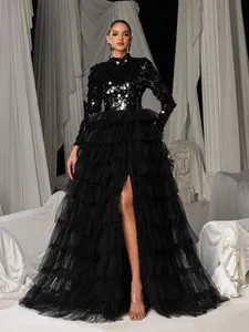 Elegant Long Sleeve Contrast Sequin Bodysuit, Round Neck Mesh Hem Wedding Dress, Formal Evening Gown for Graduation & Banquets