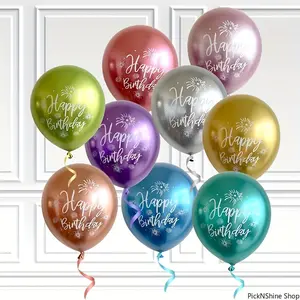 10 Pcs Happy Birthday Printed Latex Balloons, Shiny Chrome Metallic Balloons, Perfect Decorations For Birthday Party & Baby Shower Celebrations