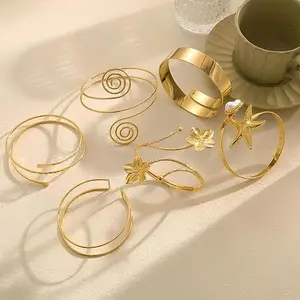 Pack Of 6 Jewelry Simple Arm Cuff, Arm Band, Cuff Bracelet, Ladies Adjustable Armband Set Metal Armband Set Female European And Leaf Snake Geometric Spiral Bracelet Adjustable