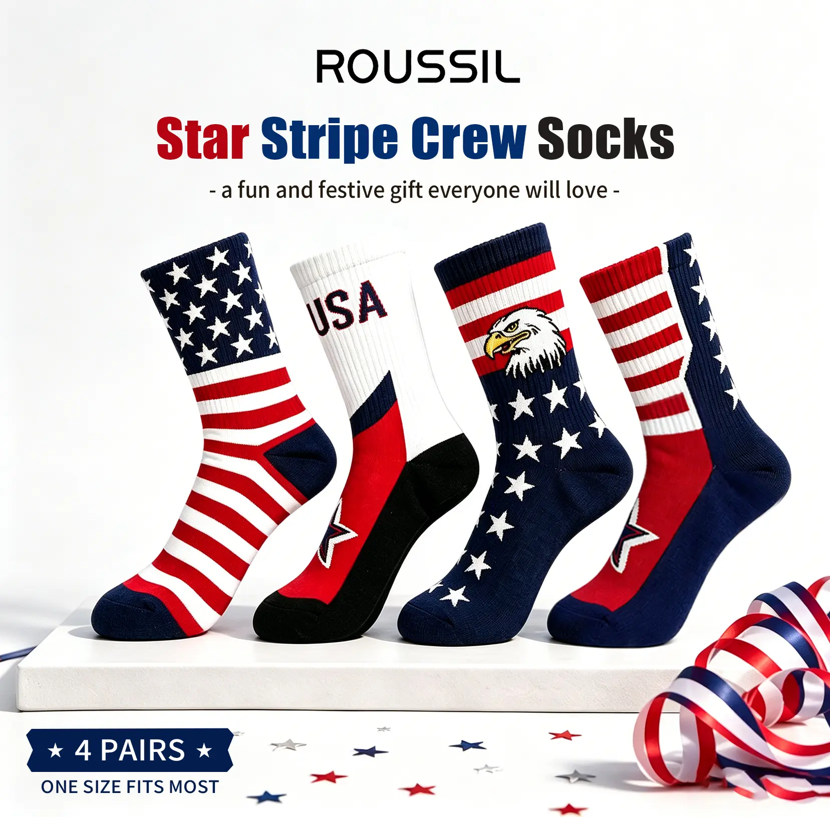 ROUSSIL Menswear Calf-High Stretch Polyester Socks Set - 4 Pairs Assorted Star Stripe Design, Soft Fabric, Machine Washable, for American Patriotic Holidays & Daily Wear