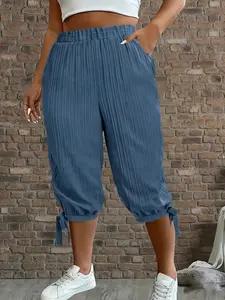 Fashion Pleated Capri Pants Plus Size Womenswear Casual High Waist Elastic Waist Tie Detail Loose Fit Trousers, Lightweight Breathable Fabric, Y2K Clothes Summer Outfits, Trendy Daily Casual Wear, Comfortable Flowy Fit Work Casual Bottoms