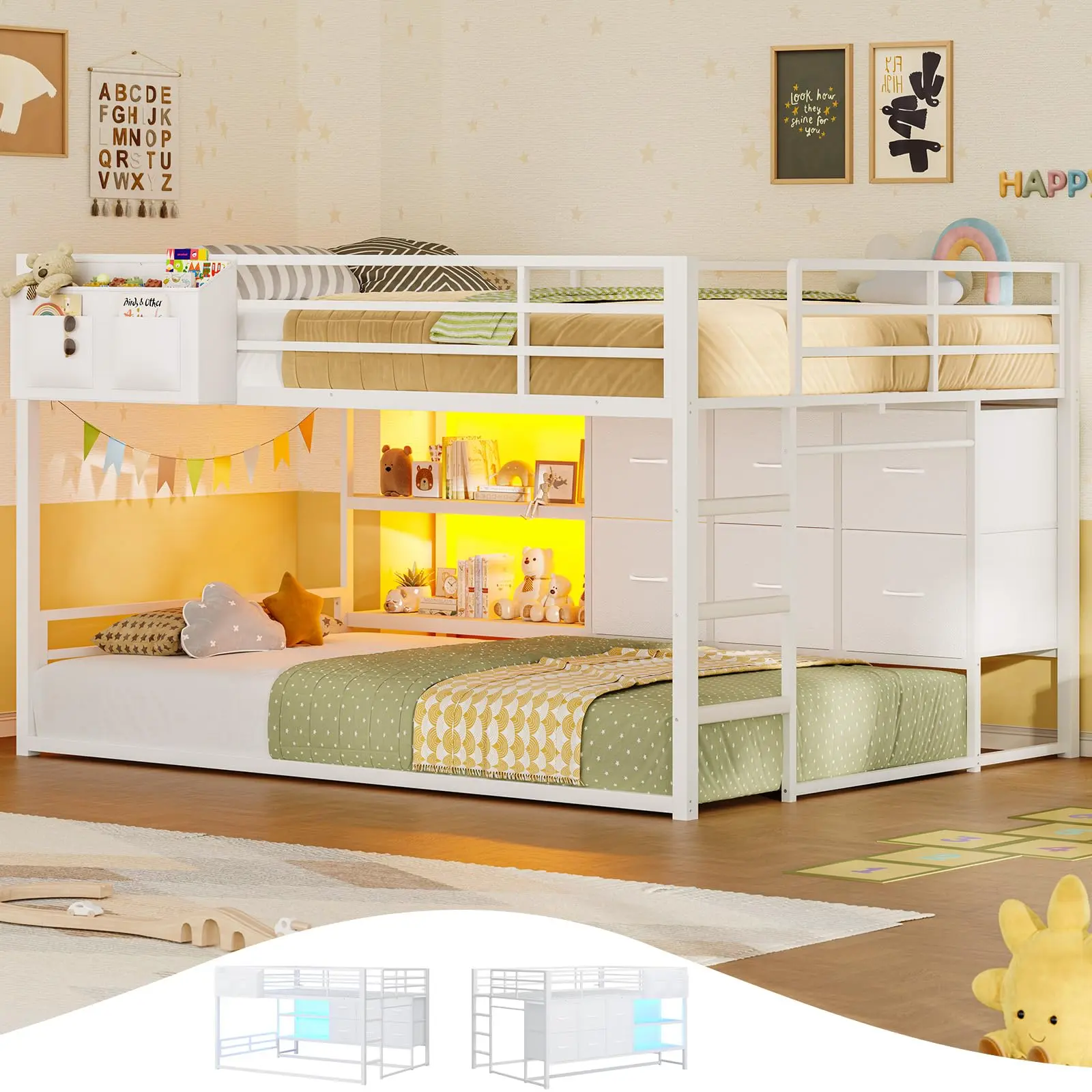 Full Over Twin Bunk Bed with 6 Drawers & Shelves, Metal Loft Bed Frame Loft with LED Lights, Convertible Storage Bunk Bed with Safety Guardrails & Non-Slip Ladder, 2-Way Installation, Space Saving, White