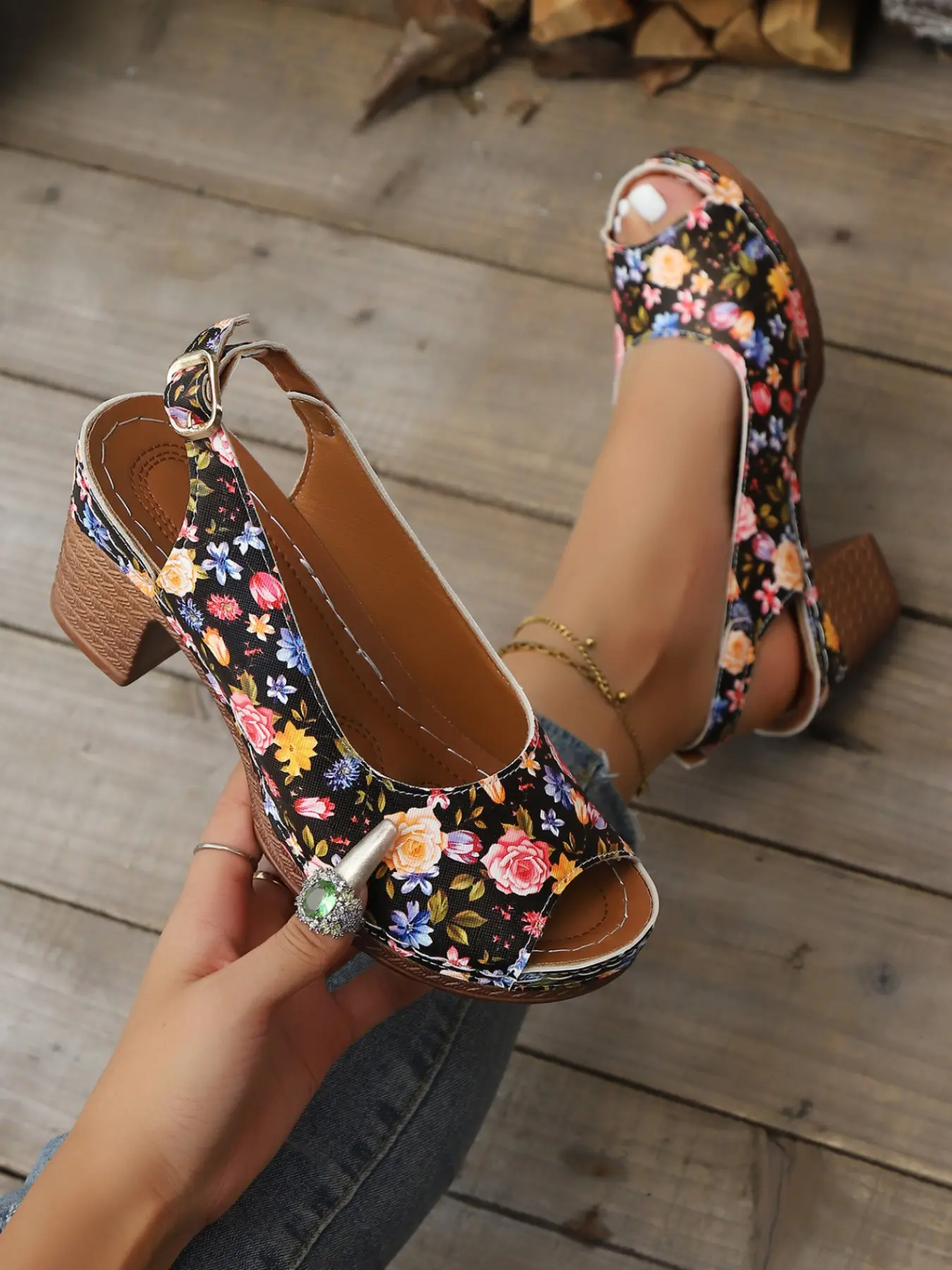 Vintage Floral Chunky Heel Sandals, One Strap Buckle Open Toe High Heels, Casual Garden Style Women's Shoes, Perfect for Vacation and Daily Wear, Rubber, Flower, Footwear, Flower Print Sandals, Casual Summer Footwear