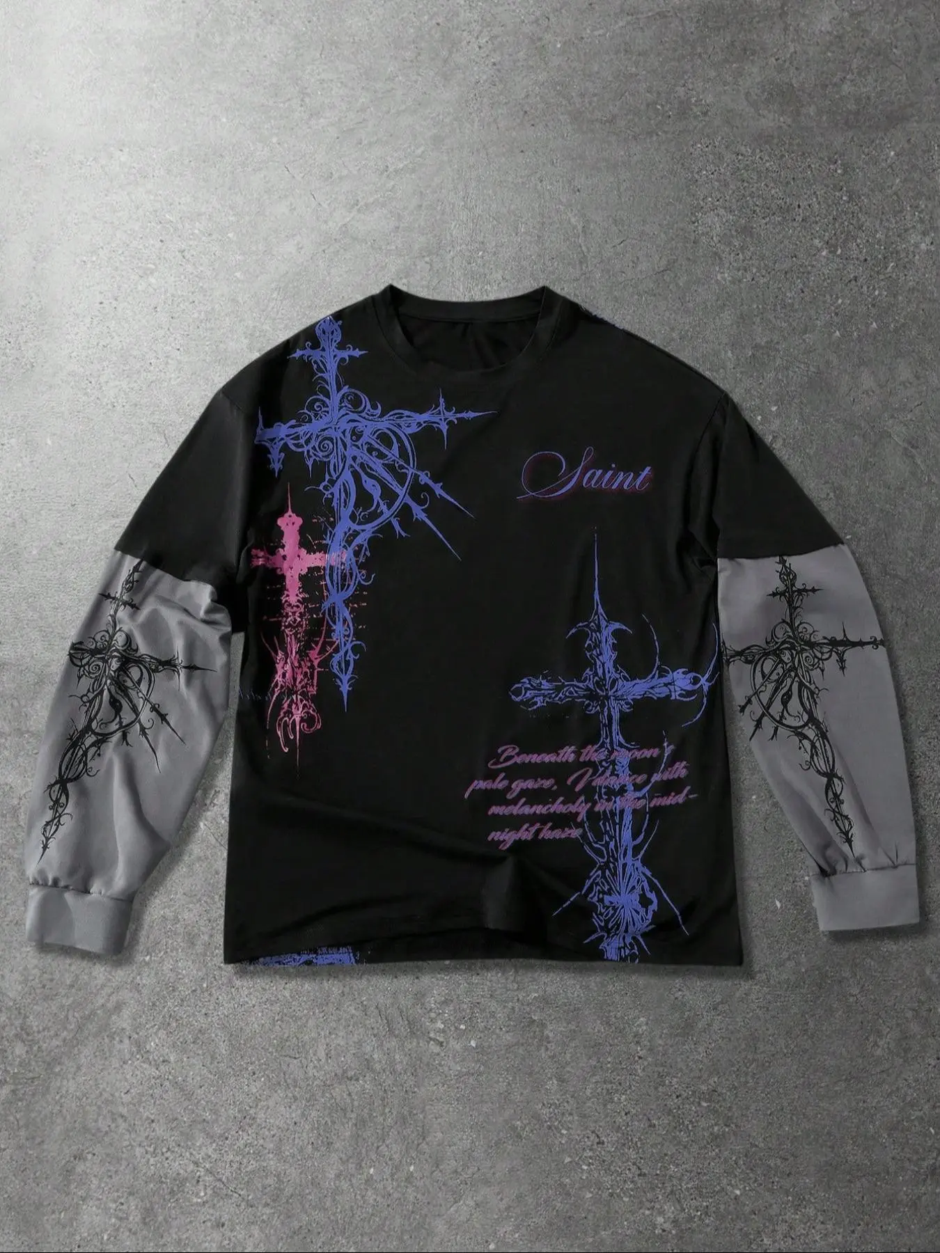 Unisex Thorn Cross Colorblock Long Sleeve Casual Graphic T-Shirt, Gothic High Street Loose Fit Patchwork Top, Couple Matching Fall Winter Streetwear Trend
