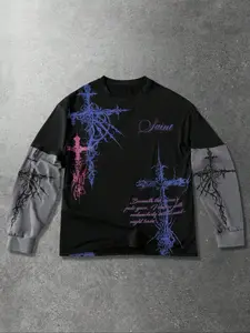 Unisex Thorn Cross Colorblock Long Sleeve Graphic T-Shirt, Gothic High Street Loose Fit Patchwork Top, Couple Fall Winter Streetwear Trend