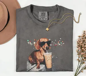 Comfort Color Funny Dachshund Drinking Iced Coffee T-shirt, Animal Meme Graphic Tee, Gift for Men, Women