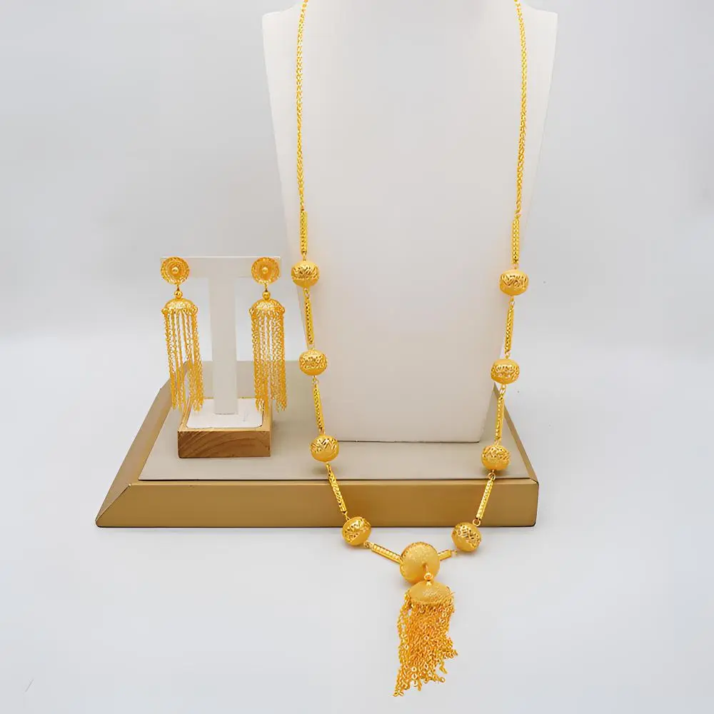 Gold-Plated Matching Jewelry Set, Glamorous 2-Piece Set for Women with Long O-Chain Necklace & Beaded Tassel Drop Earrings, Glamorous Jewelry Sets