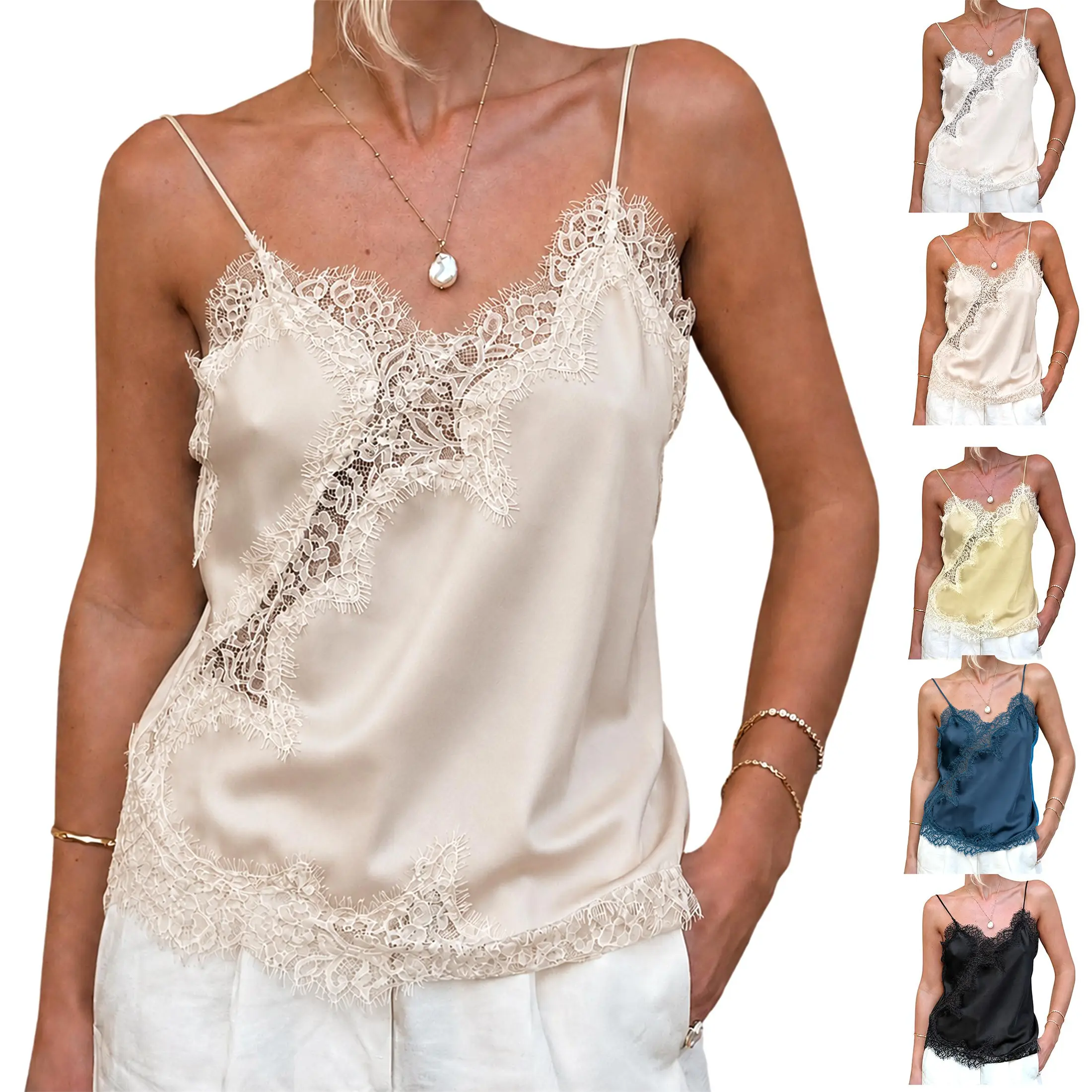 Buenoble Women Elegant Satin Lace Camisole V Neck Spaghetti Strap Asymmetrical Lace Patchwork Tank Top Sexy Silky Slip Cami Layering Going Out Party Pajama Top Basic