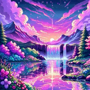 5D DIY Full Drill Round Diamond Painting - Diamond Painting Kit Sunset Waterfall Mosaic Canvas DIY Wall Art for Home Wall Decoration