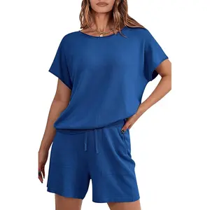 Prettygarden Womens Knitted Two-Piece Set Loungewear Drawtring Shorts With Pockets Short Sleeve Tops Matching Travel Summer Outfits, Womenswear Casual Shortsleeve