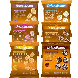 Mini Sized - 0.74 Ounce Bags - Drizzilicious Cookies & Cream, S’mores, Salted Caramel, Birthday Cake, French Toast & Very Berry Bites - 6-Pack Snack-Size Single-Serve Rice Crisps, Healthy Gluten-Free Vegan Treats