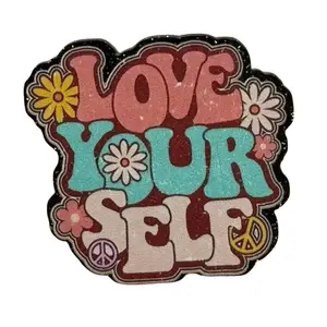 Acrylic Add On for Badge Reel - Love Yourself Design with Floral and Peace Sign Motif - Personalized Accessory with Versatile Adhesive Options supplier