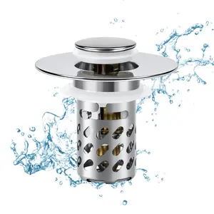 Bathroom Sink Stopper 2 in1, Pop Up Drain Strainer with Removable Stainless Steel Hair Catcher, Brass Core, Chrome Finish, Universal Fit 1.1-2.36 in