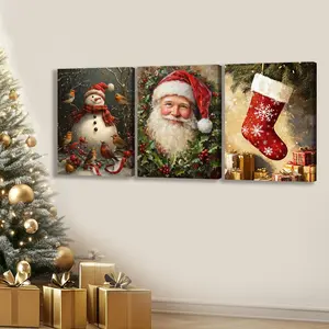 Christmas Themed Wooden Framed Canvas, 3 Counts/set Funny Christmas Snowman & Santa Claus Pattern Poster, Wall Art Decor for Home Living Room Bedroom Office