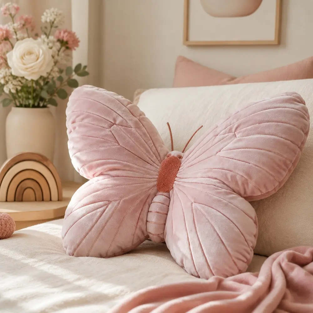 Pink Butterfly Animal Motif Velvet Soft Cushion - Cozy Reading Corner Accessory, Nursery-Friendly Cotton Bedding Decor, Huggable Plush Cute Room Accent, Easy Machine-Washable Gift Pick