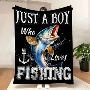 Rustic Fishing Blanket - Just A Boy Who Loves Fishing, Printed with Vintage Text & Detailed Bass Illustration, Perfect for Fi  Lightweight, soft, comfortable, and durable.