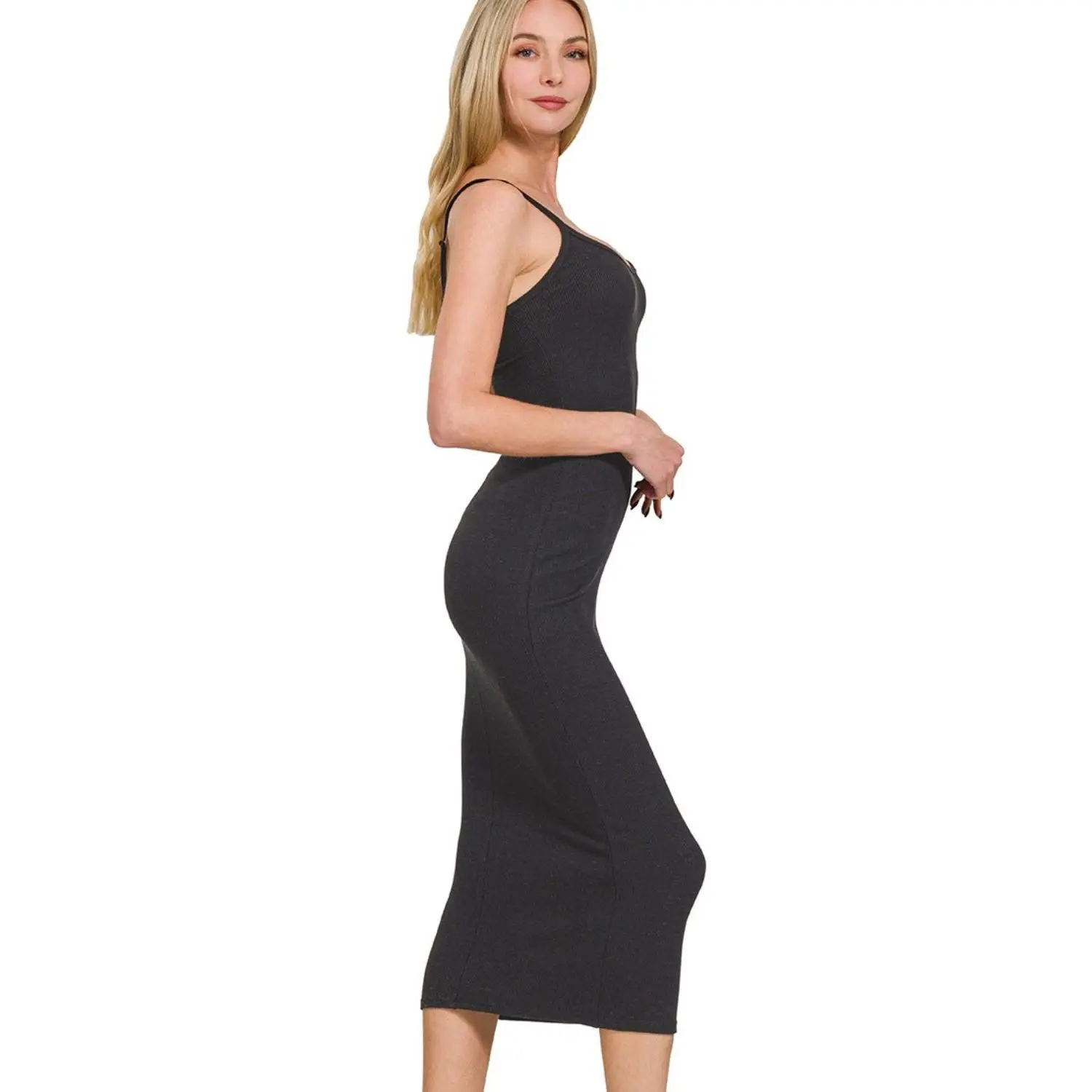 knee length dresses for ladies Women's Black Midi Dress Square Neck Bodycon Dress – ZINNTRA main image 0