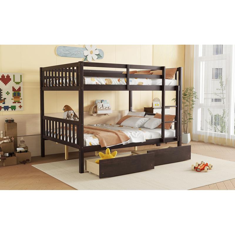 full Over full Rubber Wood Bunk Bed with 2 Drawers, Convertible into 2 full Beds, full Size Bunk Bed with Ladder and Safety Guardrails ,Espresso