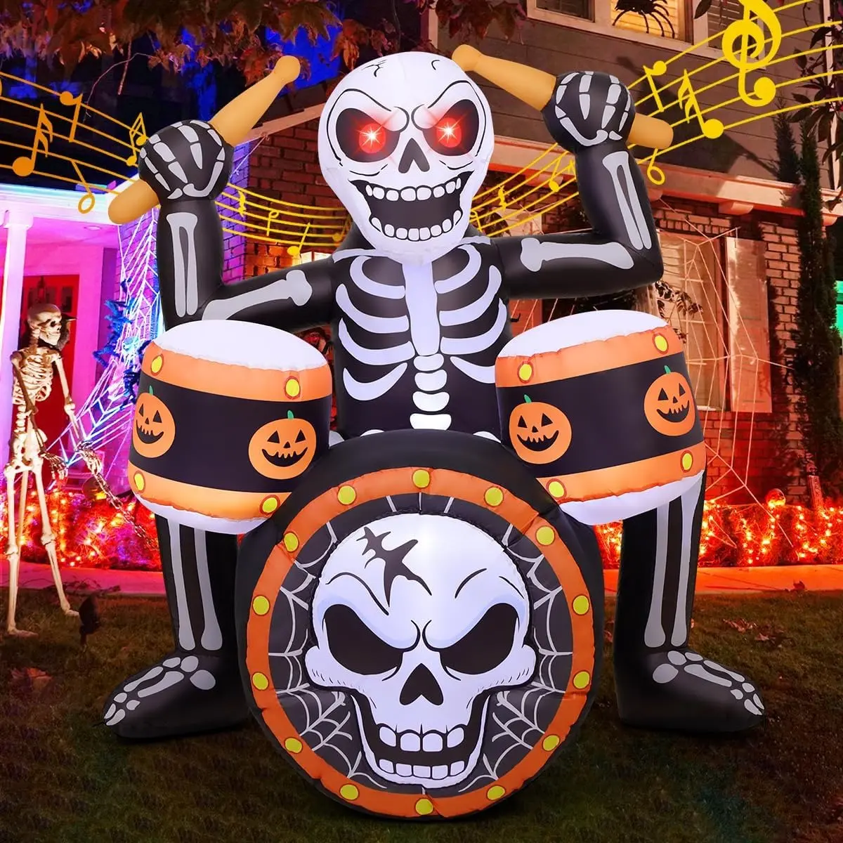 COMIN 5 FT Halloween Inflatable Rock Skeleton with Music, Built-in LED Lights, Blow Up Outdoor Yard Decoration for Garden Lawn Party Indoor Decor