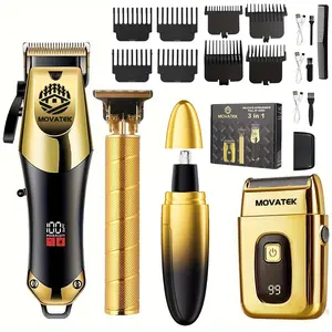4/3pcs Men's Hair Clipper Grooming Set, Electric Home Hairdresser Set And Nose hair trimmer Electric Shaver, Wireless Trimmer, 0-Gap Hairdresser, USB Charging, LCD Power Display, Fine Trimmer, Beard Styling Tool, Kit  Degrooming,Father's Day Gift