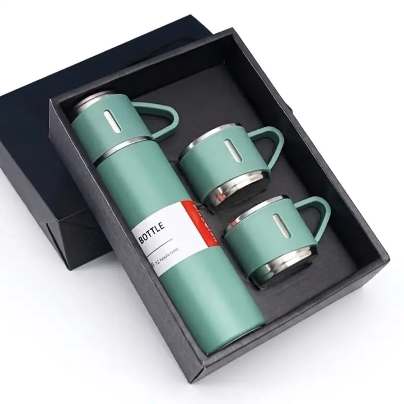 Green Stainless Steel Insulated Vacuum Flask Set, Twist Lid, 3-Piece, 500ml