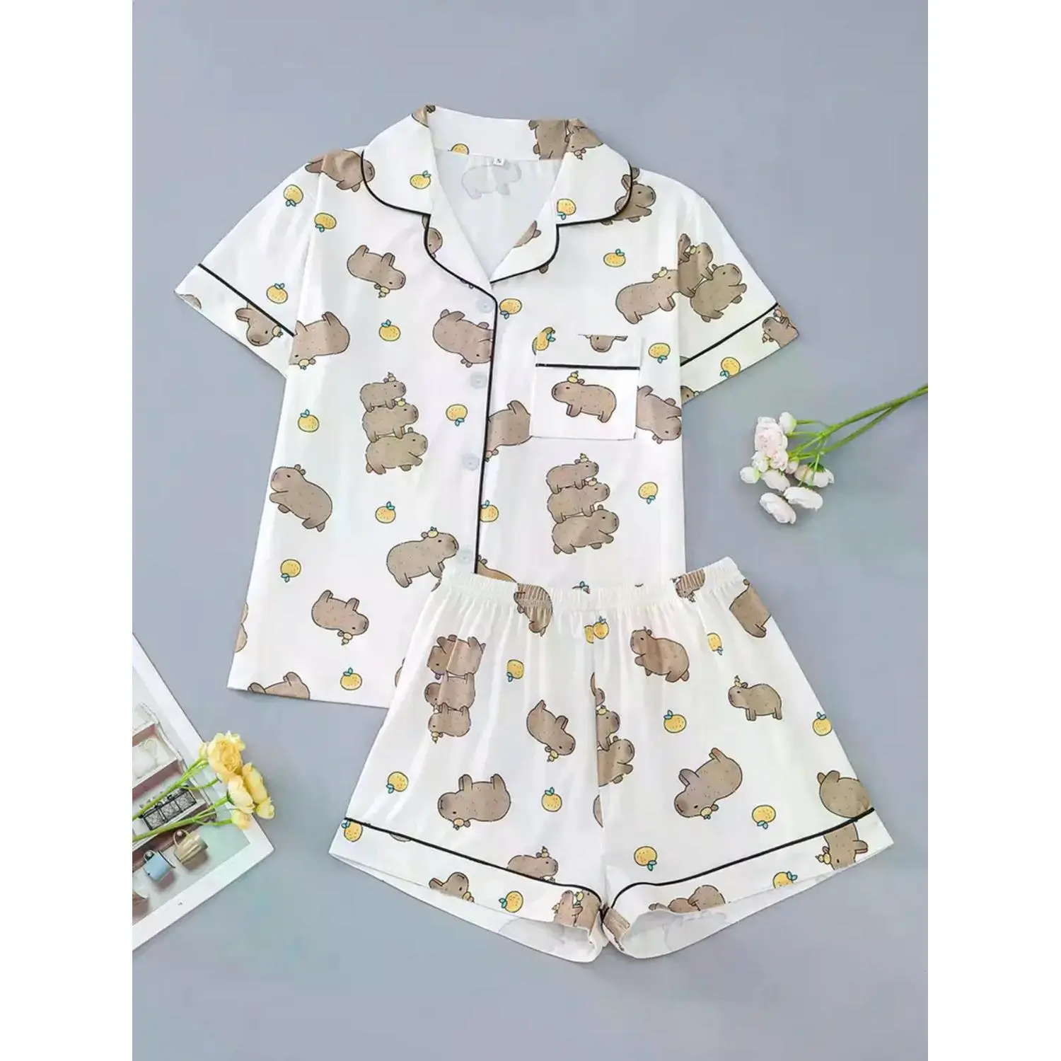 Women's Cartoon Animal Print Pajama Set - Short Sleeve Top & Elastic Waist Shorts for All Seasons