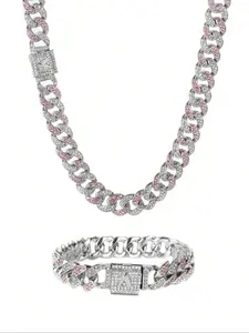 Unisex Street Style Letter Design Cuban Link Chain Bracelet & Necklace, Rhinestone Decorated Fashionable Jewelry Set, Fashion Accessories for Party, Daily Decor for Boy