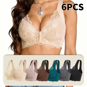 6 Pcs Shockproof Front Buckle Wireless Bra, Deep V Anti‑sagging Breathable Seamless Push Up Bra for Women, Comfort Gathered Plus Size Underwear