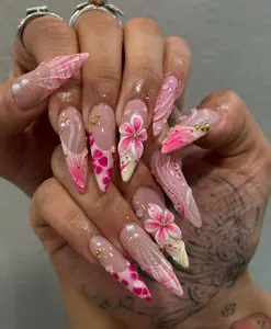 Handmade Pink Floral Press On Nails, 3D Flower Nail Art