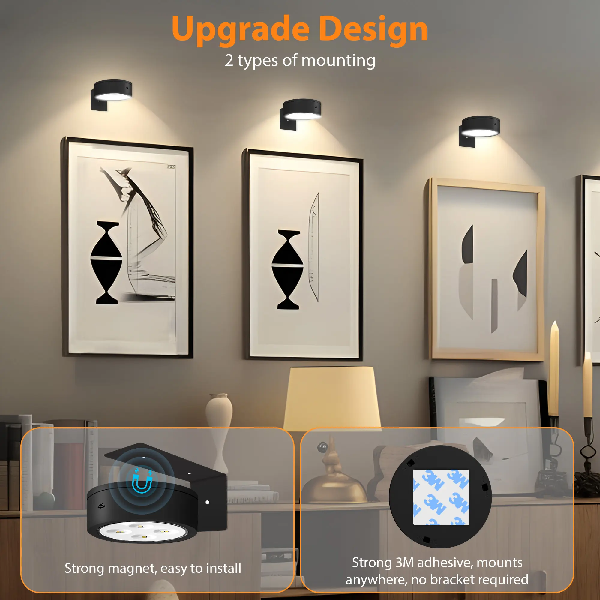 3Pcs Picture Lights for Wall Battery Operated, Magnetic Led Painting Light with Remote Dimmable and Timer, 3 Lighting Modes Art Display Light for Picture Frame, Wireless Wall Decor Puck Lights, Black wall lamp room decor battery  operated picture light