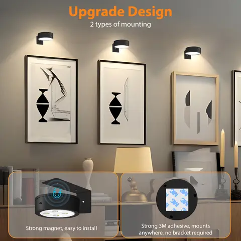 3Pcs Battery-Operated Magnetic LED Picture Lights with Remote - Dimmable, Adjustable, Timer, Auto Shut-Off, 3 Lighting Modes, Modern Indoor Mini Black Wall Fixtures for Artwork, Picture Frames, Closets, Bathrooms (Batteries Not Included)