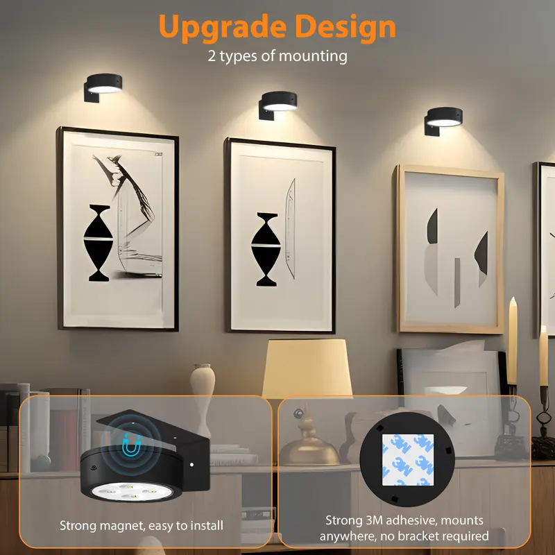 3Pcs Battery-Operated Magnetic LED Picture Lights with Remote - Dimmable, Adjustable, Timer, Auto Shut-Off, 3 Lighting Modes, Modern Indoor Mini Black Wall Fixtures for Artwork, Picture Frames, Closets, Bathrooms (Batteries Not Included)