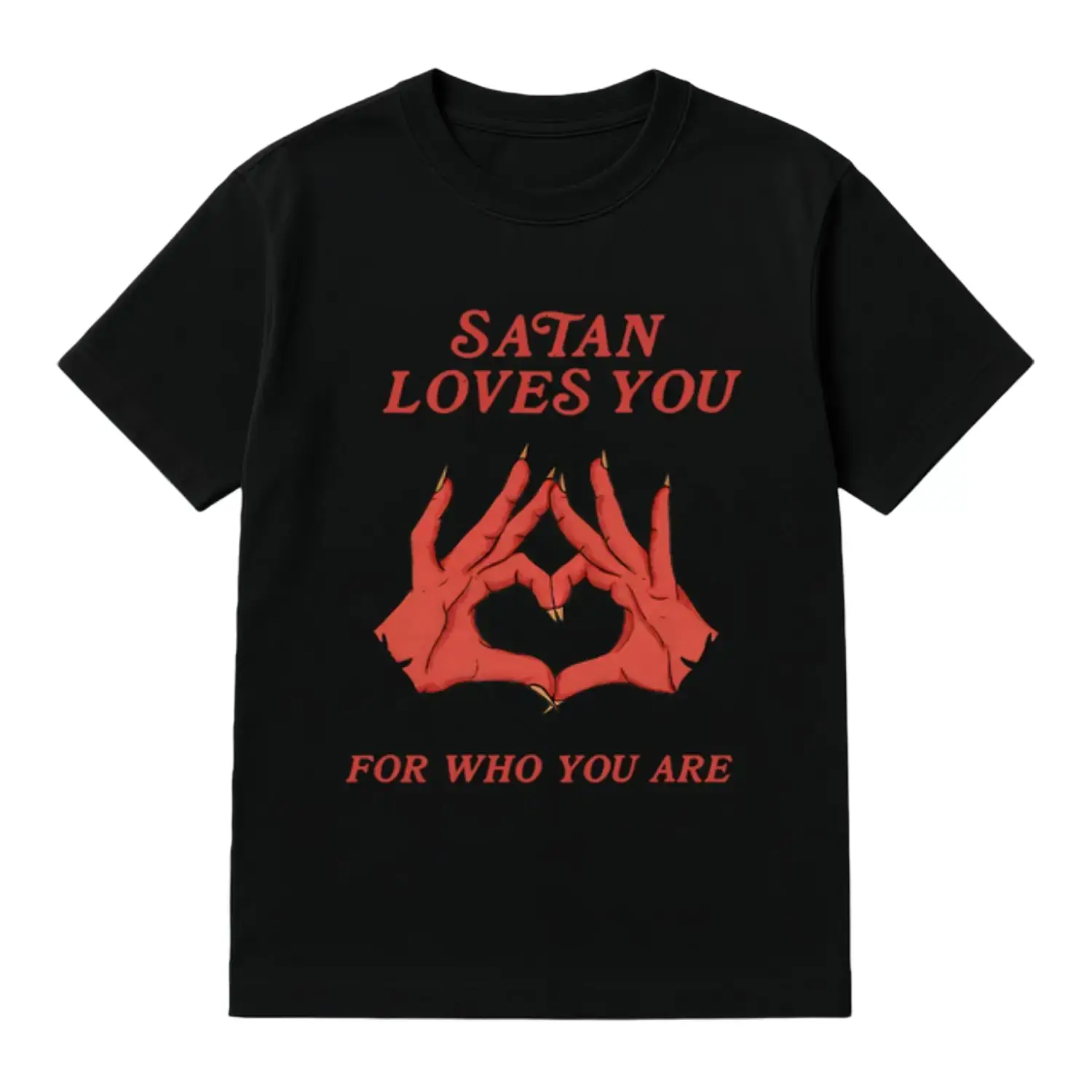 Unisex Edgy Graphic Tee with Vintage 'Satan Loves You' Print | Smooth Natural Cotton Streetwear Top for Jeans, Tops, Sneakers, Jacket, Spandex, Leather, Basic, Seamless, Shortsleeve