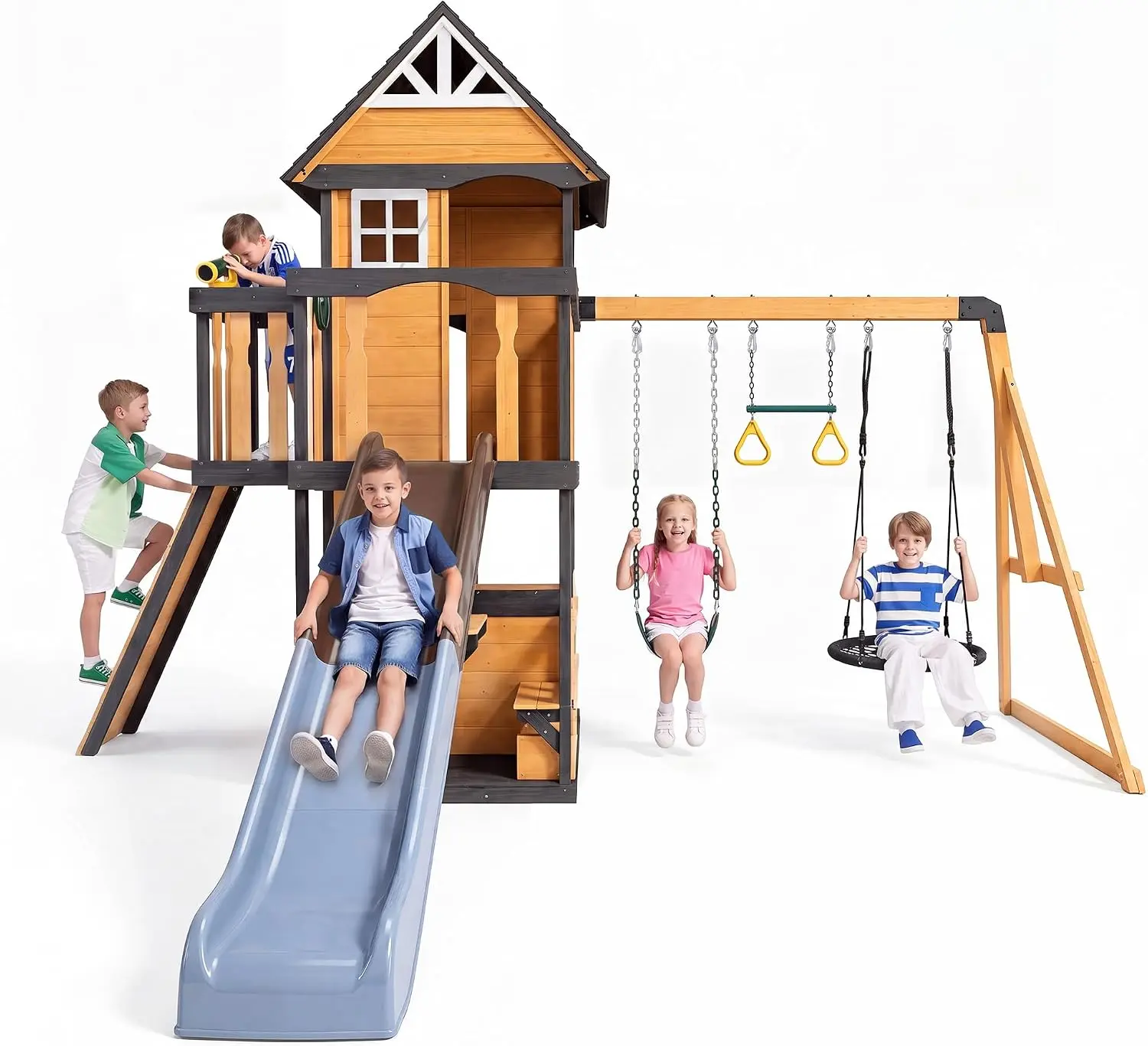 Premium Solid Pine Wood Outdoor All-in-1 Playground - Wooden Swing Set with Slide, ASTM Safety Norms, Accommodates 10 Children, Natural Finish