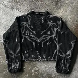 Black Gothic Print Pullover Long Sleeve Knitted Sweater Men and Women Y2k Harajuku Striped Tear High Street  Punk Slim Sweaters