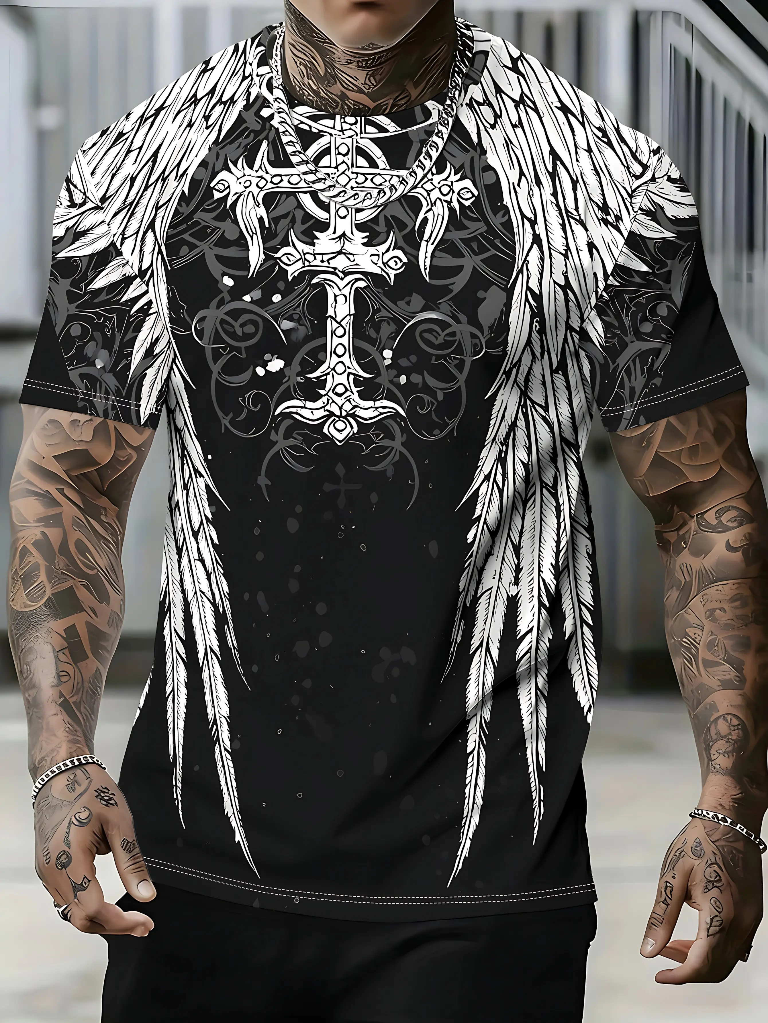 Men's Gothic Angel Wing Cross 3D Print Round Neck Short Sleeve Graphic T-Shirt - Menswear Basic Polyester-Spandex Blend Soft Breathable Loose Normal Type Top, Vintage Dark Tribal Tee, Cold/Hand Wash Only Punk Streetwear, Mediumweight, Mult