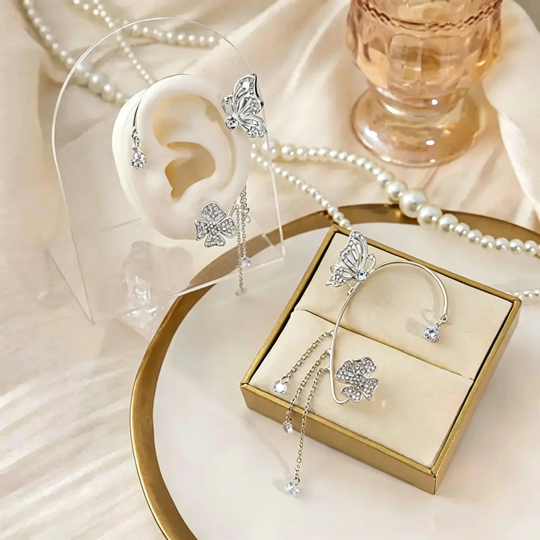 2Pairs Vintage Butterfly Flower Ear Cuffs, Non Pierced Sparkling Zircon Ear Wrap, Fairy Cartilage Climber Earrings, Trendy Iced Out No Piercing Ear Clip Jewelry, Boho Festival Prom Party Fashion Accessories Gifts for Women Girls