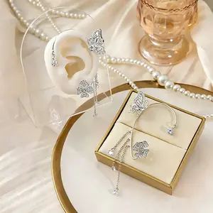 2Pairs Vintage Butterfly Flower Ear Cuffs, Non Pierced Sparkling Zircon Ear Wrap, Fairy Cartilage Climber Earrings, Trendy Iced Out No Piercing Ear Clip Jewelry, Boho Festival Prom Party Fashion Accessories Gifts for Women Girls